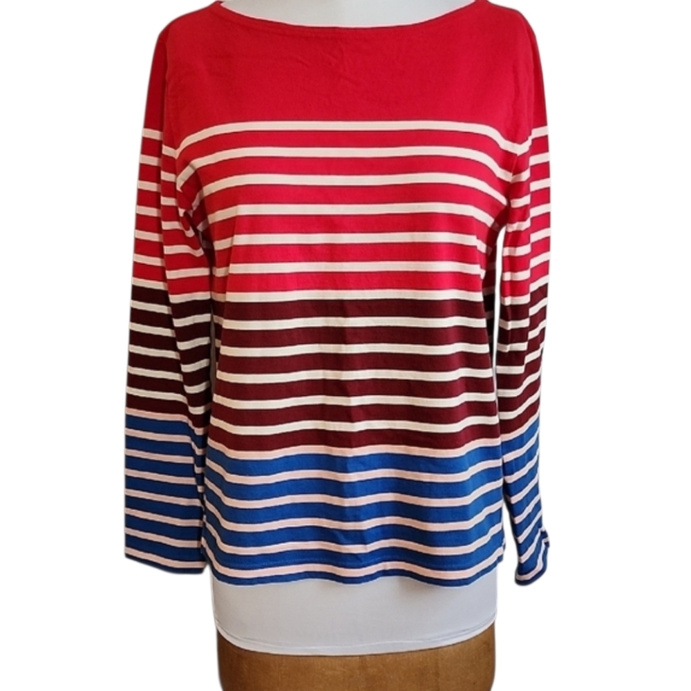 J Crew Vibrant Striped Long Sleeve Cotton Knit Top M Red Cream Navy